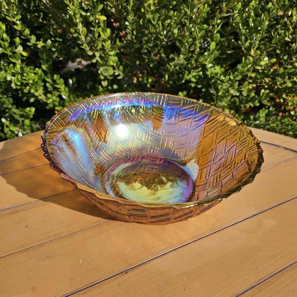 Vintage Indiana Glass Weavetex Amber Carnival Glass Bowl